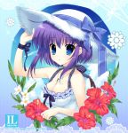  blue_eyes breasts bust cleavage flower hand_on_hat hat hibiscus jewelry large_breasts mitha necklace pendant purple_hair short_hair sun_hat wrist_ribbon 