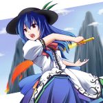  blue_hair bow cloud clouds dress food fruit hat hinanawi_tenshi long_hair mountain peach red_eyes seren_(staphy) solo sword sword_of_hisou touhou weapon 