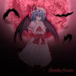  amicis bat bat_wings blood blue_hair full_moon hat highres moon red_eyes red_moon remilia_scarlet solo touhou wings 