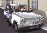  blue_eyes blue_hair car cat left-hand_drive long_hair map motor_vehicle multiple_girls red_eyes red_hair redhead short_hair thighhighs trabant vehicle 