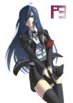  arisato_minato armband black_legwear black_thighhighs blue_eyes blue_hair breasts evoker genderswap gun hair_over_one_eye headphones large_breasts long_hair maou persona persona_3 solo thigh-highs thighhighs very_long_hair weapon zettai_ryouiki 