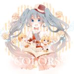  aqua_hair book castle chibi face flower hat hatsune_miku kagamine_len kagamine_rin komine open_mouth pink_rose rose top_hat twintails vocaloid 