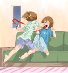  bad_feet barefoot brown_hair chopsticks feet food hair_ornament hair_ribbon hairclip highres hirasawa_ui hirasawa_yui k-on! kuroba multiple_girls open_mouth ponytail ribbon short_hair spicy translated 