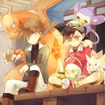 2boys aipom angry baseball_cap black_hair brown_hair charizard deck egg fire goggles gold_(pokemon) green_eyes hat jacket jewelry multiple_boys necklace ookido_green pokemon pokemon_(creature) pokemon_special sitting strawberrybit togepi yellow_eyes 