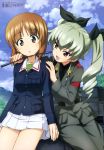 2girls absurdres anchovy brown_eyes brown_hair clouds girls_und_panzer highres megami military military_uniform multiple_girls nishizumi_miho official_art red_eyes riding_crop school_uniform short_hair silver_hair sky twintails uniform 