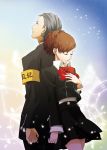  1girl armband back-to-back bow brown_hair closed_eyes couple female_protagonist_(persona_3) hand_on_own_chest headphones maruo_(artist) odagiri_hidetoshi persona persona_3 persona_3_portable school_uniform skirt smile 