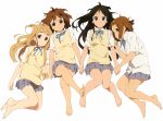  absurdres akiyama_mio bare_legs barefoot black_eyes black_hair blonde_hair blue_eyes brown_eyes brown_hair feet highres hirasawa_yui holding_hands horiguchi_yukiko k-on! kotobuki_tsumugi legs long_hair lying multiple_girls official_art school_uniform short_hair simple_background tainaka_ritsu 