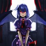  bat_wings blue_hair fang hat hat_removed headwear_removed holding holding_hat holysnow lavender_hair red_eyes remilia_scarlet short_hair slit_pupils solo standing touhou v_arms wings 