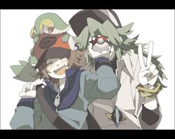  blush brown_hair cheavy closed_eyes face_punching green_hair hat n_(pokemon) pokemon pokemon_(game) pokemon_black_and_white pokemon_bw punching snivy touya_(pokemon) v 