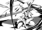  akudato fang flandre_scarlet hat highres monochrome solo squatting touhou wings 