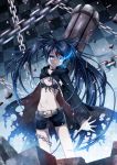  belt bikini_top black_hair black_rock_shooter black_rock_shooter_(character) blue_eyes cape chain checkered glowing glowing_eyes highres long_hair mauve motion_blur outstretched_hand ringed_eyes scar shorts solo twintails uneven_twintails 