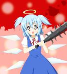  1girl :d blood bokusatsu_tenshi_dokuro-chan chiro-minami cirno club cosplay crossover excalibolg fusion halo mitsukai_dokuro mitsukai_dokuro_(cosplay) neck_ribbon open_mouth ribbon smile solo spiked_club symbol-shaped_pupils touhou twintails weapon 