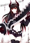  black_gold_saw black_hair black_rock_shooter horns long_hair midriff navel pale_skin red_eyes shorts solo still_(just) sword thigh-highs thighhighs weapon 