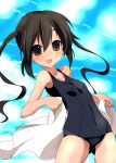  blush brown_eyes cloud clouds k-on! long_hair nakano_azusa one-piece_swimsuit open_mouth school_swimsuit solo sora_to_umi swimsuit towel twintails wet 