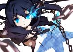  bikini_top black_hair black_rock_shooter black_rock_shooter_(character) blue_eyes boots chain coat flat_chest from_above glowing glowing_eyes highres long_hair nigo shorts solo sword twintails very_long_hair weapon 