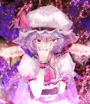  asymmetrical_clothing bat_wings blue_hair bow claws covering_face dress elbow_gloves embers fingerless_gloves fingernails frills gloves hat lavender_hair long_fingernails nails red_eyes remilia_scarlet smirk solo touhou tsurime wei_(hoshieve) wings wrist_cuffs 