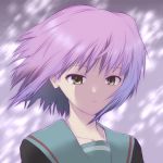  cardigan kikumaru_bunta nagato_yuki purple_hair school_uniform short_hair suzumiya_haruhi_no_yuuutsu 