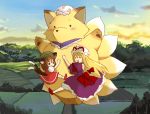  blonde_hair brown_eyes cat_ears chen eijima_moko floating fox fox_ears fox_tail ghibli hat hug long_hair multiple_tails parody short_hair tail tonari_no_totoro touhou yakumo_ran yakumo_ran_(fox) yakumo_yukari 