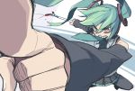  1girl bad_id blood detached_sleeves foreshortening green_hair hatsune_miku long_hair mouth_hold necktie pointing red_eyes solo spring_onion twintails vocaloid 