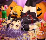  chocolate eating halloween jack-o'-lantern jelly_bean lollipop lying mouth_hold on_back original pumpkin purple_hair red_eyes solo swirl_lollipop thigh-highs thighhighs upside-down zanshi 