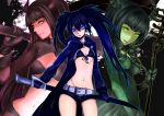  absurdres bad_id belt bikini_top black_gold_saw black_hair black_rock_shooter black_rock_shooter_(character) blue_eyes coat curly_hair dead_master gloves glowing glowing_eyes green_eyes highres horns long_hair midriff multiple_girls navel red_eyes roku_(hikokeng) scar scythe shorts smile star sword twintails uneven_twintails weapon 