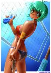  beach_volleyball bikini bottle dr_rex dutch_angle green_hair short_hair sports_bikini sunglasses swimsuit volleyball volleyball_net yellow_eyes 