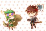  2boys animal_ears axe belt brown_hair cape carine cat_ears cat_tail chibi d: earrings elk elk_(ys) falcom geis gloves green_hair halberd headband jacket jewelry multiple_boys necklace no_shirt polearm poncho ponytail shirtless simple_background squirrel_ears squirrel_tail stalking surprise surprised sword tail weapon yellow_eyes ys ys_seven ys_vii 