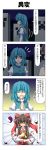  2girls 4koma ascot blue_eyes blue_hair bow brown_hair comic creeper detached_sleeves hair_bow hair_tubes hakurei_reimu heterochromia highres long_hair minecraft multiple_girls needle ofuda rapattu red_eyes short_hair smile tatara_kogasa touhou translated yin_yang 