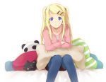  bad_id blonde_hair blue_eyes frown fullmetal_alchemist hair_ornament hairclip pantyhose pillow riru sitting solo twintails winry_rockbell 