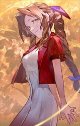  1girl aerith_gainsborough arms_behind_back braid braided_ponytail breasts brown_hair closed_mouth cropped_jacket diet_sence dress final_fantasy final_fantasy_vii final_fantasy_vii_remake floral_background green_eyes hair_ribbon happy_birthday highres jacket long_dress long_hair looking_at_viewer medium_breasts own_hands_clasped own_hands_together parted_bangs pink_dress pink_ribbon red_jacket ribbon short_sleeves sidelocks single_braid smile solo upper_body wavy_hair 