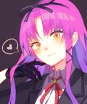  1girl black_background black_gloves blush bolo_tie curtained_hair eiyuu_densetsu fol0050 gloves heart kuro_no_kiseki kuro_no_kiseki_ii looking_at_viewer portrait purple_hair renne_(eiyuu_densetsu) sidelocks simple_background smile solo speech_bubble upper_body yellow_eyes 