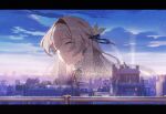  1girl bow cityscape closed_eyes clouds collared_shirt dissolving eyes_visible_through_hair firefly_(honkai:_star_rail) grey_eyes grin hair_bow hair_ornament hairband hetare_mizu highres honkai:_star_rail honkai_(series) letterboxed long_hair outdoors railing shirt sky smile solo star_(sky) starry_sky 