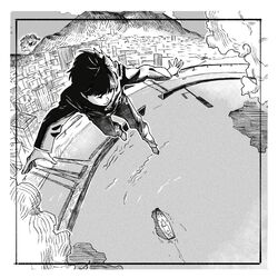  1boy absurdres border building clouds day flying from_above gakuran go-1202 greyscale highres kageyama_shigeo long_sleeves looking_down male_focus midair mob_psycho_100 monochrome mountain ocean outstretched_arms pants school_uniform ship ship_deck shore short_hair smile solo spread_arms watercraft 