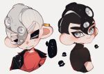  2boys black_hair black_shirt closed_mouth commentary_request cropped_torso grey_eyes looking_back male_focus mohawk multiple_boys octoling_boy octoling_player_character red_shirt shirt short_hair simple_background smile splash_kuro3 splatoon_(series) splatoon_3 sweat tentacle_hair thick_eyebrows upper_body white_background white_hair 