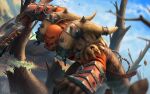  1boy animal armor axe bare_tree belt bird blurry blurry_foreground brown_belt brown_gloves chain colored_skin garrosh_hellscream gloves highres holding holding_axe male_focus nose_piercing nose_ring open_mouth orange_skin orc piercing sharp_teeth shoulder_armor solo teeth themaestronoob tree warcraft 
