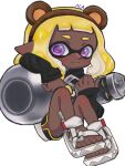  1girl black_shorts black_sweater blonde_hair brown_hairband closed_mouth commentary_request dark-skinned_female dark_skin full_body hairband highres inkling_girl inkling_player_character light_smile long_hair mina_p nautilus_(splatoon) pointy_ears purple_hair sandals short_shorts shorts simple_background sitting solo splatoon_(series) splatoon_3 sweater tentacle_hair thick_eyebrows toes violet_eyes white_background yellow_trim 