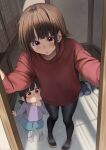  2girls :o alternate_costume black_pantyhose blush brown_hair highres indoors izawa_(bhive003) komekko kono_subarashii_sekai_ni_shukufuku_wo! long_sleeves looking_at_viewer megumin multiple_girls open_door pantyhose red_eyes red_sweater shoes short_hair siblings sisters sweater wooden_floor 