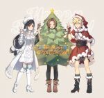1boy 2girls aerith_gainsborough aerith_gainsborough_(cosplay) aerith_gainsborough_(fairy_of_snowfall) black_hair blonde_hair brown_hair capelet christmas christmas_tree_costume cloud_strife cosplay costume_switch crossdressing final_fantasy final_fantasy_vii final_fantasy_vii_ever_crisis fur_capelet hat highres holding_another&#039;s_wrist jitome kieta multiple_girls santa_hat skirt smile spiky_hair tifa_lockhart tifa_lockhart_(cosplay) tifa_lockhart_(fairy_of_the_holy_flame) v winter_clothes