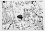  1girl 2boys bag barefoot book border chair cup curtains cushion drawstring dutch_angle eokonuzu facial_hair family father_and_son food food_in_mouth greyscale hand_up head_out_of_frame heater holding holding_newspaper holding_tray hood hood_down hoodie indoors jacket kageyama_ritsu kettle kotatsu long_sleeves looking_at_viewer looking_to_the_side male_focus medium_hair mob_psycho_100 monochrome mr._kageyama mrs._kageyama mug multiple_boys newspaper on_floor open_book pants photo_(object) photo_album plastic_bag reading senbei short_hair sitting slippers stubble sweater table tile_floor tiles trash_can tray v walking zabuton 