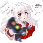  1girl akashicelegy clara_(honkai:_star_rail) eminem_throwing_a_fat_rat_(meme) highres honkai:_star_rail honkai_(series) jacket long_hair long_sleeves looking_at_viewer meme pink_eyes red_eyes red_jacket robot solo white_hair 