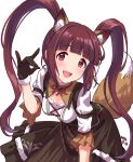  1girl animal_ear_fluff animal_ears black_gloves black_skirt blush breasts brown_eyes brown_hair damokan66 dated dot_nose fake_animal_ears fake_tail fox_ears fox_shadow_puppet fox_tail fur-trimmed_gloves fur-trimmed_shirt fur-trimmed_skirt fur_trim gloves hand_up highres idolmaster idolmaster_million_live! idolmaster_million_live!_theater_days leaning_forward long_hair looking_at_viewer matsuda_arisa medium_breasts neck_ribbon open_mouth red_ribbon ribbon shirt short_sleeves simple_background skirt smile solo tail teeth twintails upper_teeth_only white_background white_shirt 