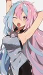  1girl aqua_hair arm_up armpits bare_arms black_shorts blush breasts chromatic_aberration grey_shirt hair_down highres iono_(pokemon) kawasaki_(kwsk_8765) large_breasts long_hair looking_at_viewer messy_hair multicolored_eyes multicolored_hair one_eye_closed open_mouth pink_eyes pink_hair pokemon pokemon_sv sharp_teeth shirt shorts simple_background sleeveless sleeveless_shirt solo split-color_hair stretching tearing_up teeth tongue two-tone_hair upper_teeth_only yellow_eyes 