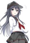  1girl akatsuki_(kancolle) akatsuki_kai_ni_(kancolle) anchor_symbol black_headwear black_pantyhose black_sailor_collar black_skirt blush cowboy_shot fathom hat highres kantai_collection long_hair long_sleeves looking_at_viewer neckerchief open_mouth pantyhose peaked_cap pleated_skirt purple_hair red_neckerchief sailor_collar school_uniform serafuku simple_background skirt solo violet_eyes white_background 