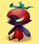  blue_jacket chibi commentary creature evil_eyes faux_traditional_media food fruit full_body highres jacket leaf looking_at_viewer no_humans personification shadow simple_background sitting solo symbol-only_commentary tomato yellow_background yuming_li 
