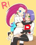 1boy 1girl black_footwear black_gloves blue_eyes blush boots closed_eyes embarrassed gloves green_eyes hetero james_(pokemon) jessie_(pokemon) kuroda_roku_(345) meowth pokemon pokemon_(anime) pokemon_(classic_anime) sitting team_rocket team_rocket_uniform wobbuffet yellow_background