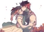  1boy 1girl aerith_gainsborough arms_around_waist belt black_hair blurry blush brown_hair closed_eyes commentary couple crisis_core_final_fantasy_vii depth_of_field dress earrings final_fantasy final_fantasy_vii foliage hair_ribbon hand_on_another&#039;s_arm happy hetero highres hug jewelry kiss kissing_forehead korean_text long_hair multiple_belts nul open_mouth pants parted_bangs ponytail red_petals red_ribbon ribbon short_hair sidelocks sleeveless sleeveless_turtleneck smile spiky_hair stud_earrings symbol-only_commentary translation_request turtleneck upper_body wavy_hair white_background white_dress zack_fair 