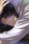  2boys black_hair close-up covered_mouth from_side gakuran glowing glowing_eyes hand_on_another&#039;s_head head_on_chest hug kageyama_shigeo long_sleeves looking_at_viewer male_focus mameal369 messy_hair mob_psycho_100 multiple_boys out_of_frame portrait profile school_uniform shirt short_hair violet_eyes white_shirt 