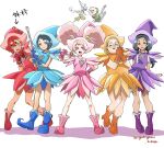  6+girls afro_puffs ahoge aliya_mahvash black_hair blue_eyes blue_hair blush boots chuatury_panlunch cosplay double_bun dress earrings gamigami_maou_(artist) gloves gundam gundam_suisei_no_majo hair_bun hat highres holding holding_wand jewelry lilique_kadoka_lipati long_hair looking_at_viewer magical_girl miorine_rembran multicolored_hair multiple_girls nika_nanaura ojamajo_doremi open_mouth pink_eyes pink_hair redhead short_hair smile suletta_mercury thick_eyebrows wand witch_hat 