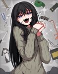  1girl :d black_hair blue_eyes borrowed_character breasts collar fangs formicid hammer heart knife long_hair looking_at_viewer mole mole_under_eye original own_hands_together pliers saw smile solo sweater tape taser teeth turtleneck turtleneck_sweater unworn_clothes 