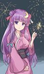  1girl alternate_costume blue_bow bow breasts crescent crescent_hair_ornament crescent_pin fireworks hair_bow hair_ornament highres holding_fireworks japanese_clothes kimono long_hair namiki_(remiter00) obi patchouli_knowledge pink_kimono purple_hair red_bow sash sparkler touhou violet_eyes 
